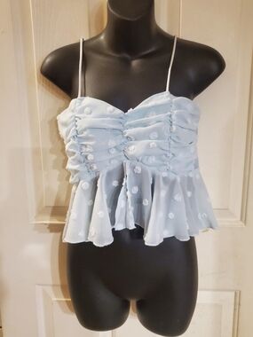 Light Blue Floral Ruched Spaghetti-Strap Crop Top